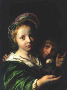 A girl holding a pigeon and a boy gesturing 1652