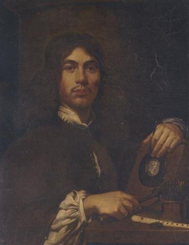 Portrait of an artist holding a hammer and chisel before an intaglio oval portrait bust of a classical figure, with a pot of chisels and a flute on a table, 1662