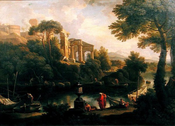 Landscape with figures by a pool with ruins in the background