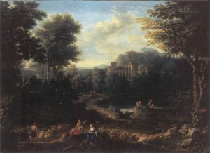 An arcadian landscape with herdsmen on a path and peasants fishing on a pond