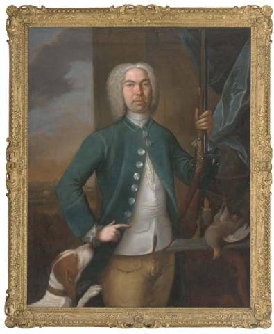 Portrait of a gentleman, holding a gun in his left hand, a dog to his side, with a partridge and casket of gun-powder on a ledge, an extensive landscape beyond, 1731