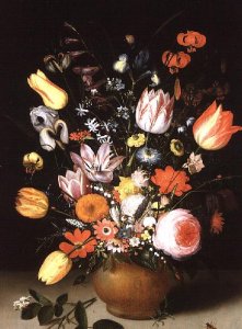 Tulips, irises, pink and white roses, narcissi, primroses and other flowers in a stone vase with butterflies, a caterpillar, a snail