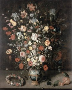 Plums and redcurrants in a basket, tulips, poppies and other flowers in a vase, with a gourd, peas, a parsnip and other fruit on a stone ledge 1632