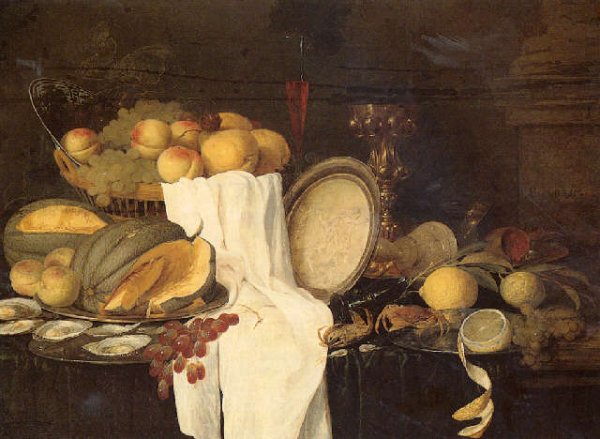 Still life of melons, grapes, oysters, crab and lemons on pewter plates, with a basket of fruit, wineglasses and a gilt cup