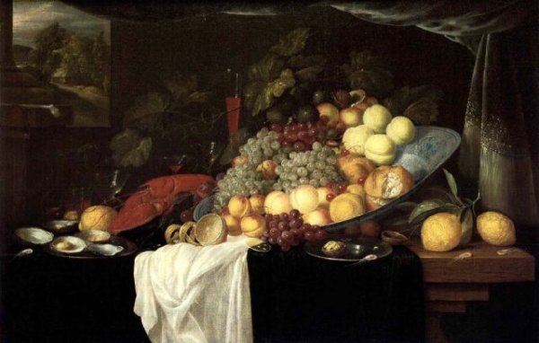 Elaborate Still life of fruit with a lobster and oysters, a landscape beyond