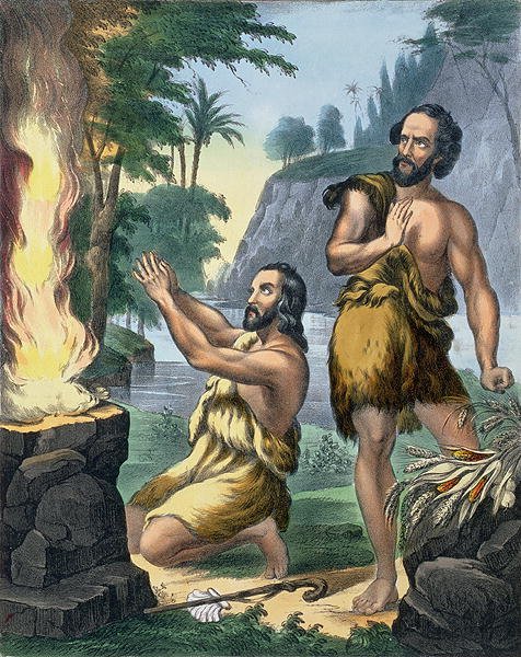 The Sacrifice of Cain and Abel, from a bible  1870's