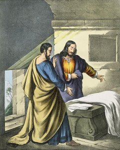 Peter and John at the Sepulchre, from a bible, 1870's