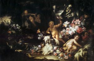 Ninfa e putti che sistemano fiori davanti a un'urna (collab. w-Nicola Vaccaro) 1675-99