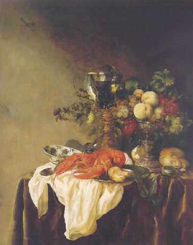 A banketje still life of fruit in a silver tazza, a lobster, a roemer and other objects on a white cloth on a velvet-draped table