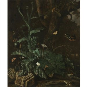 A forest floor with a thistle, the ruin of an Ionic Column, butterflies, a toad, and a songbird