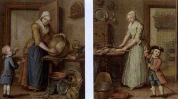 A woman cleaning pots in an interior with a boy eating cherries (and) A woman preparing fish in a kitchen and a child playing,  1769