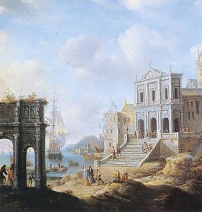 A Capriccio of an Italianate Harbour capriccio with the Arch of Constantine and a Church with Figures and shipping beyond 1663