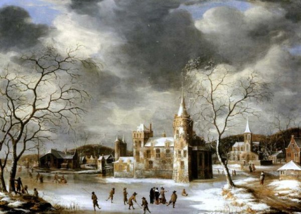 A castle on a frozen lake with skaters