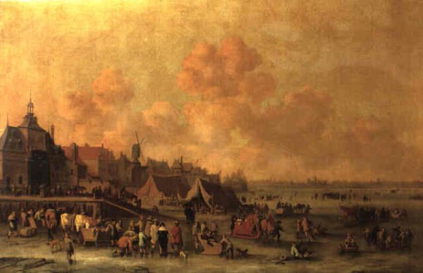 Winter landscape with figures skating on a frozen Dutch river