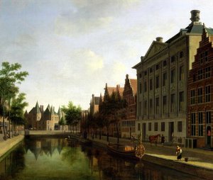 View of the Kloveniersburgwal in Amsterdam, with the Waag, and barge moored in the front of Trippenhuis to the right 1685