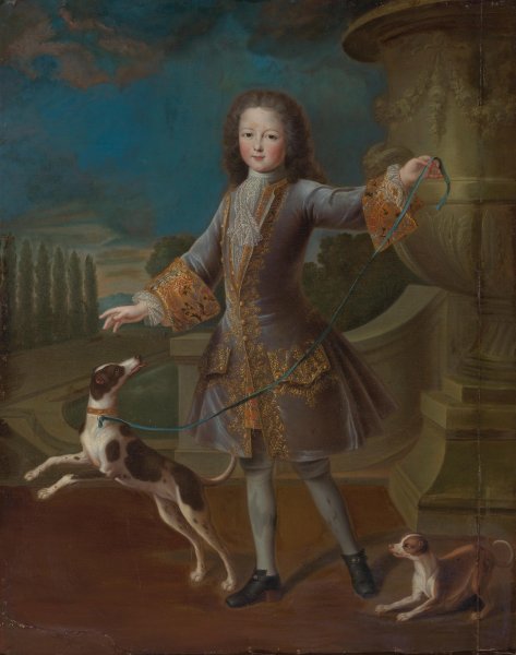 Portrait of a young gentleman in a lilac coat with gold embroidery and a lace cravat, with two dogs in a garden