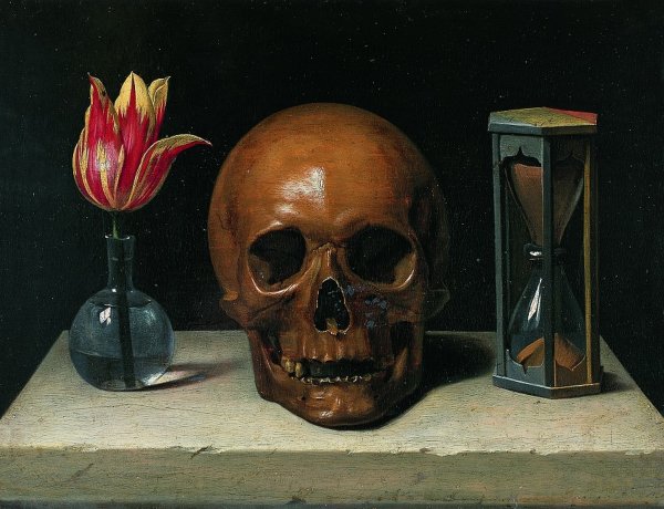 Vanitas Still Life with a Tulip, Skull and Hour-Glass