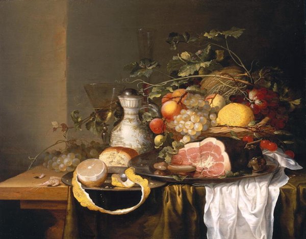 Still life with a basket of fruit and a ham