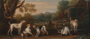 A hunting party giving alms to gypsies in a wooded river landscape