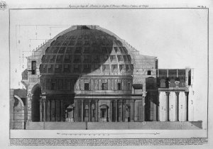 Longitudinal Section of the Pantheon showing the dome, the portico and the interior of the temple from Vedute, first published in 1756, pub. by E and F.N. Spon Ltd., 1900