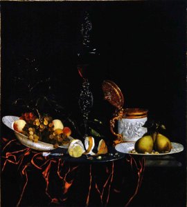 A Still Life on a Marble Table Partly Covered with a Red Velvet Cloth