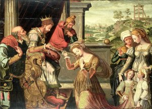 Esther before King Ahasuerus with Haman being sent to the Gallows beyond, 1577