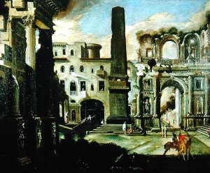 Town Scene in Italy with Ancient Ruins