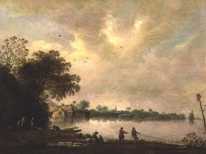 A river landscape with fishermen drawing in a net