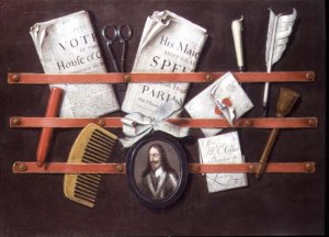 Letter rack with documents and miniature of Charles I