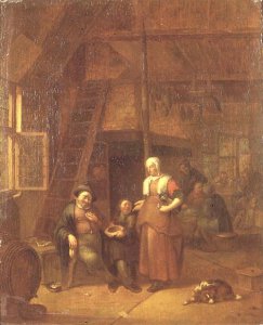 The interior of an inn with a man paying a serving woman