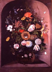 Mixed Flowers in a Glass Bowl in a Niche with a Lizard and a Mouse