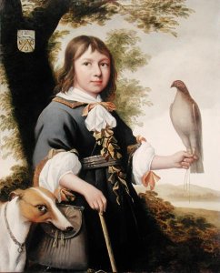 Boy with a falcon and a greyhound