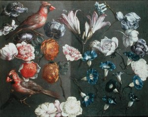 A Study of Peonies, Convolvulus, Lilies and two Finches