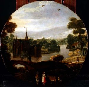 A wooded river landscape with a castle and travellers conversing