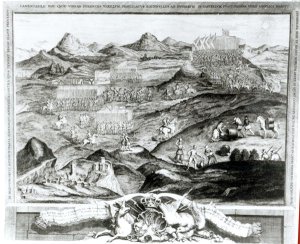 The Battle Array of Carberry Hill near Edinburgh with the Surrender of Mary, Queen of Scots to the Confederate Lords of Scotland and the Escape of Earl Bothwell in 1567, engraved by the artist, 1743