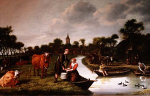 River Landscape with a couple carrying a milk churn