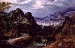 Mountainous landscape with dancing peasants