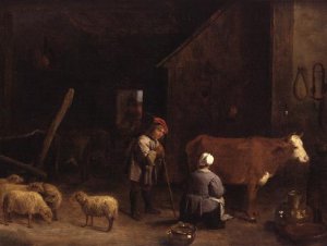 A Shepherd Boy talking to a milkmaid in a cowshed