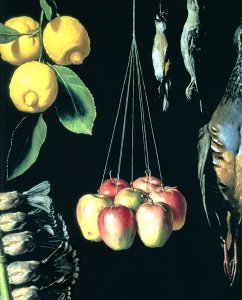 Still life with dead birds, fruit and vegetables, detail, 1602