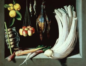 Still life with dead birds, fruit and vegetables, 1602