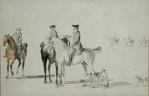 The Duke of Cumberland with a Gentleman and a Groom, all Mounted, and Dogs