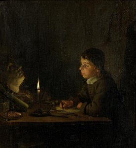 Boy Drawing by Candlelight