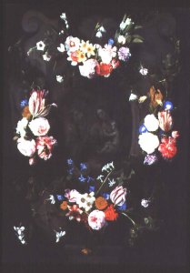 A Wreath of Flowers encircling a Painted Relief of the Madonna and Child with St. Anne