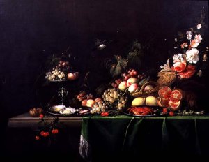 Still life of fruit with a squirrel