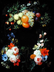 Oranges, peaches, grapes, plums, strawberries, raspberries and other fruit with roses, honeysuckle and other flowers