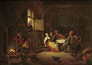 Peasants merrymaking at table in a cottage kitchen