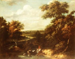 An extensive wooded landscape with a herdsman and a peasant girl