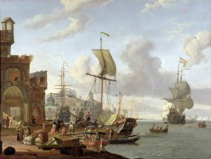 A capriccio Mediterranean harbour scene, 1678