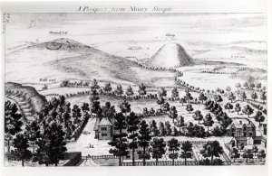 View from Avebury steeple of Silbury Hill, illustration from Stonehenge a Temple Restored to the British Druids by William Stukeley, 1740