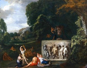 A Classical landscape with maidens dancing by a sarcophagus depicting the Triumph of Silenus